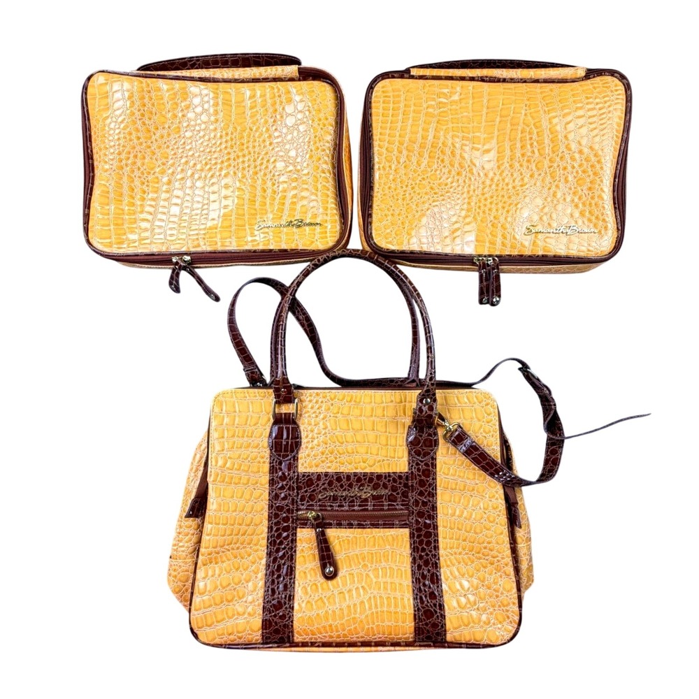 Samantha Brown Yellow Croc Embossed Travel Satchel & 2 Hanging Organizers Set
